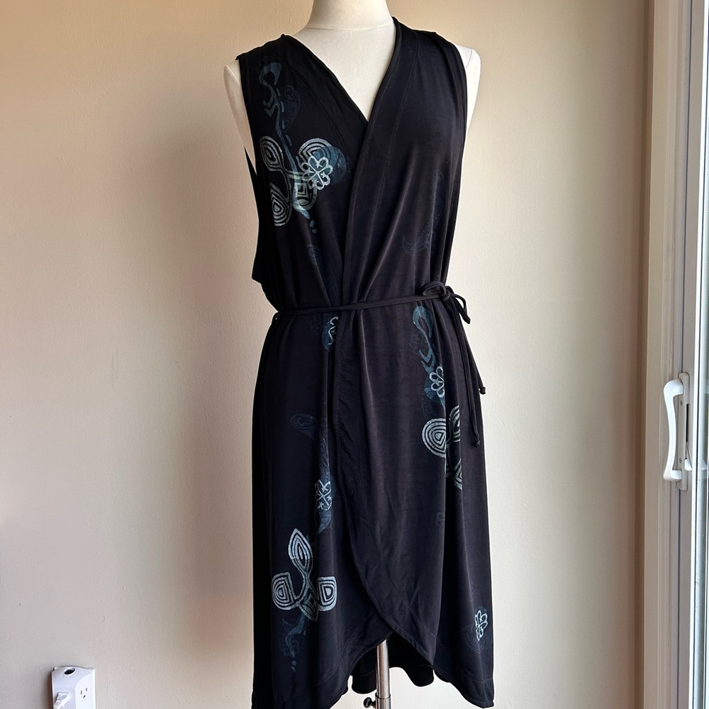 Vintage blue fish Black Wrap Dress with Blue Accents
